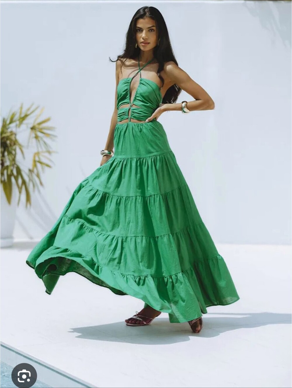 Green Tiered Maxi Dress with Halter Cutout